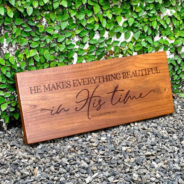 Chrisitan engraved teakwood wall decor 3 he makes everything beautiful in his time a